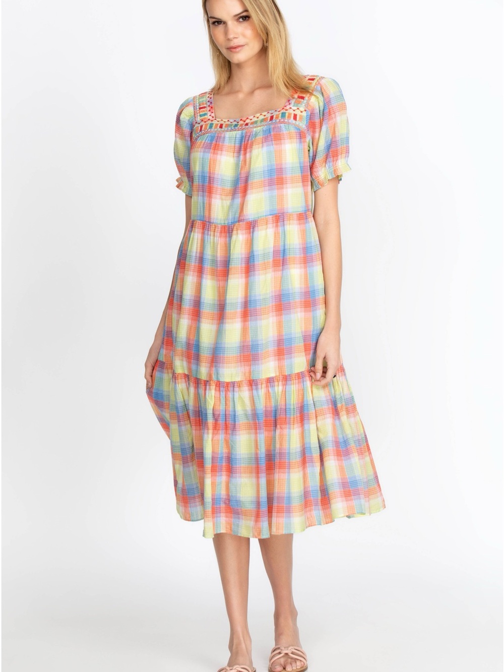 Johnny Was DELACEY PLAID SQUARE NECK MIDI DRESS